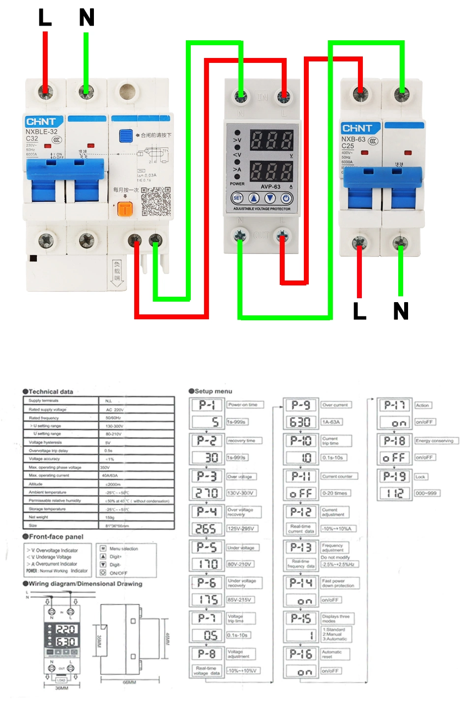 1-63A Adjustable Over Under Voltage Current Protector 2p 220/230V OEM